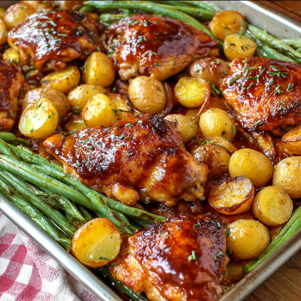 Sheet pan with BBQ chicken thighs, roasted potatoes, and green beans