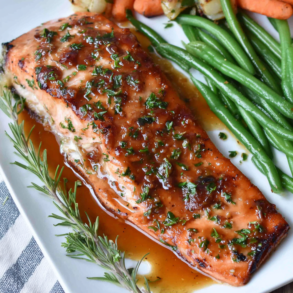Sliced honey baked trout served with lemon and herbs on a platter