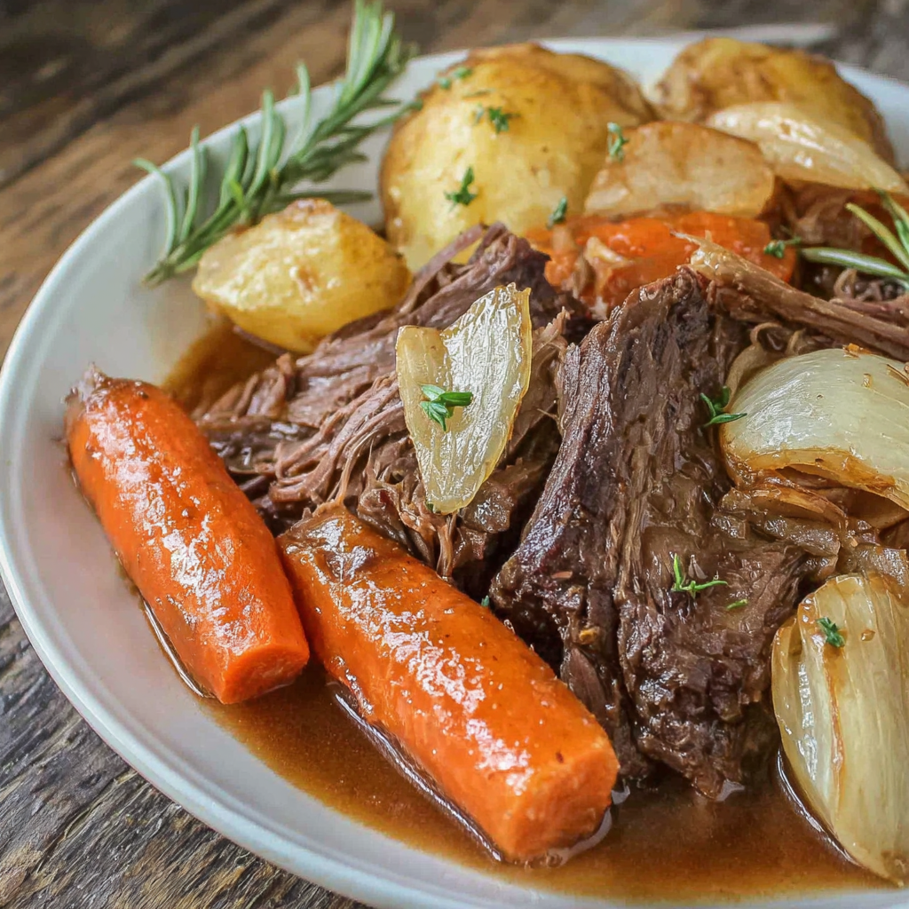 Slow cooker pot roast with carrots and gravy in a serving dish