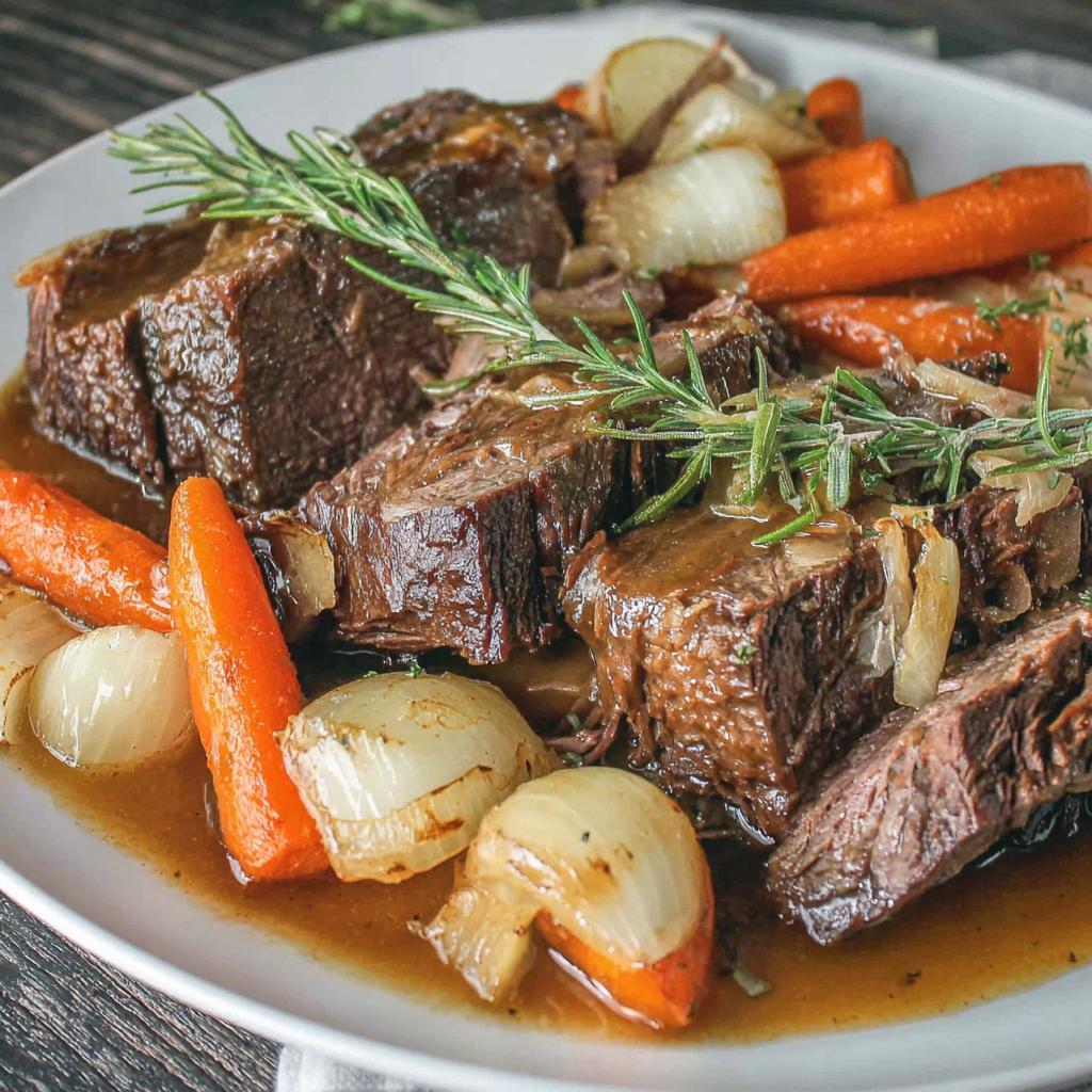 Fork-tender shredded pot roast with carrots and gravy