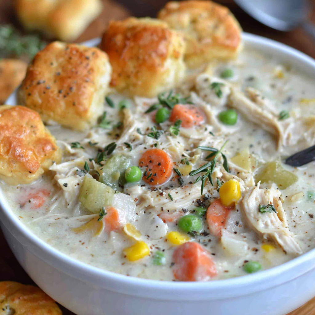 A ladle serving chicken pot pie soup into a bowl