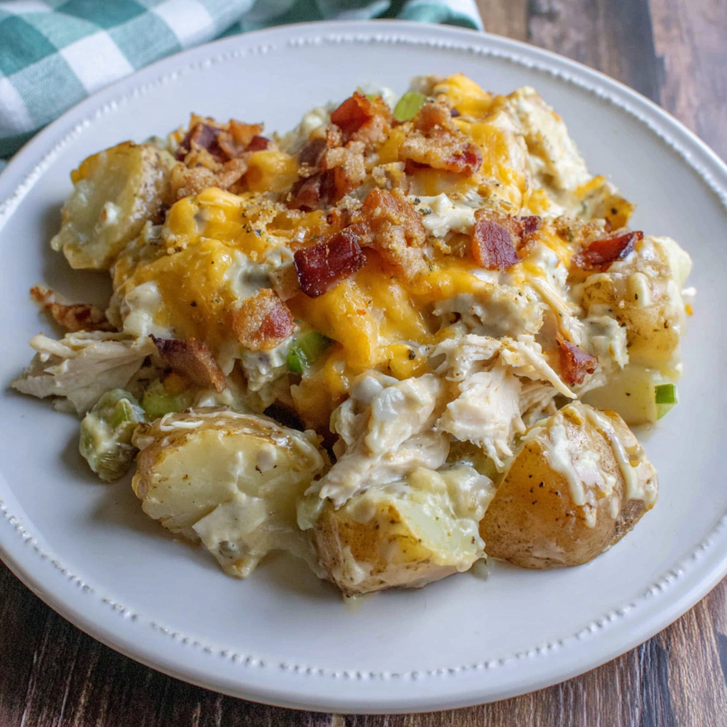 Close-up of cheesy potato casserole topped with crispy bacon and green onions