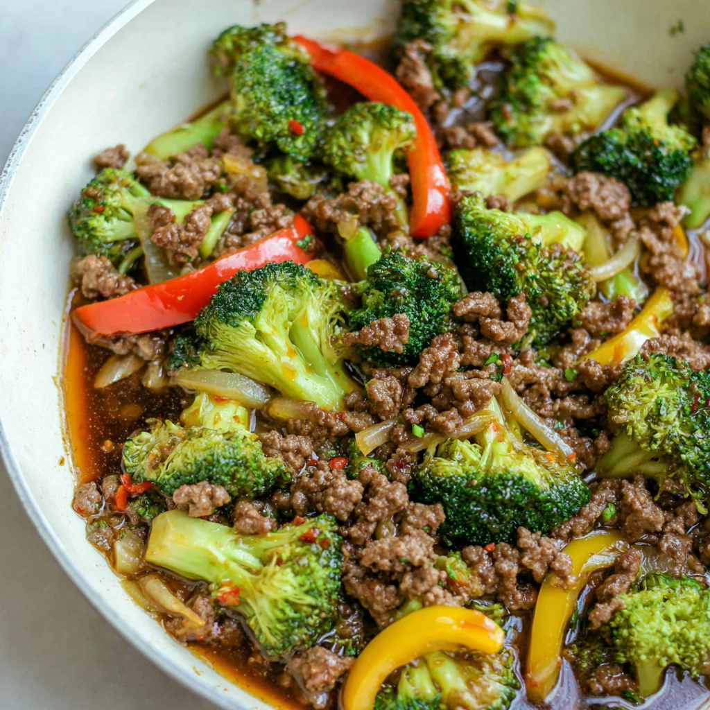 Close-up of saucy ground beef and broccoli over rice