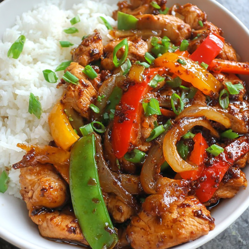 Close-up of sweet and spicy chicken coated in glossy sauce and garnished with green onions