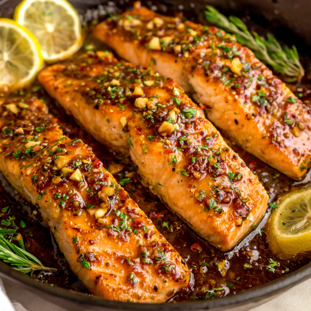 Close-up of hot honey glaze spooned over salmon in skillet