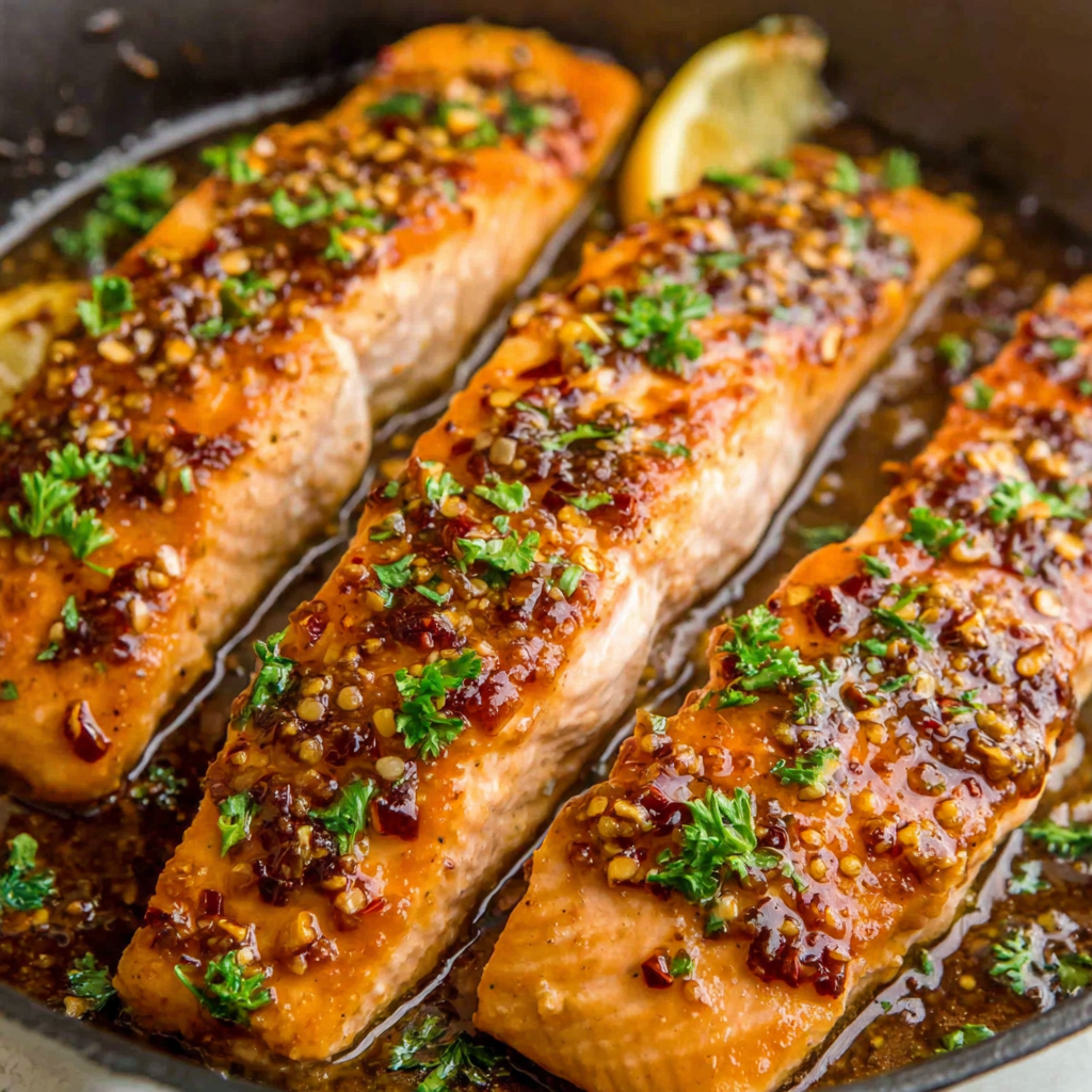 Hot honey salmon served with rice and broccolini on a platter