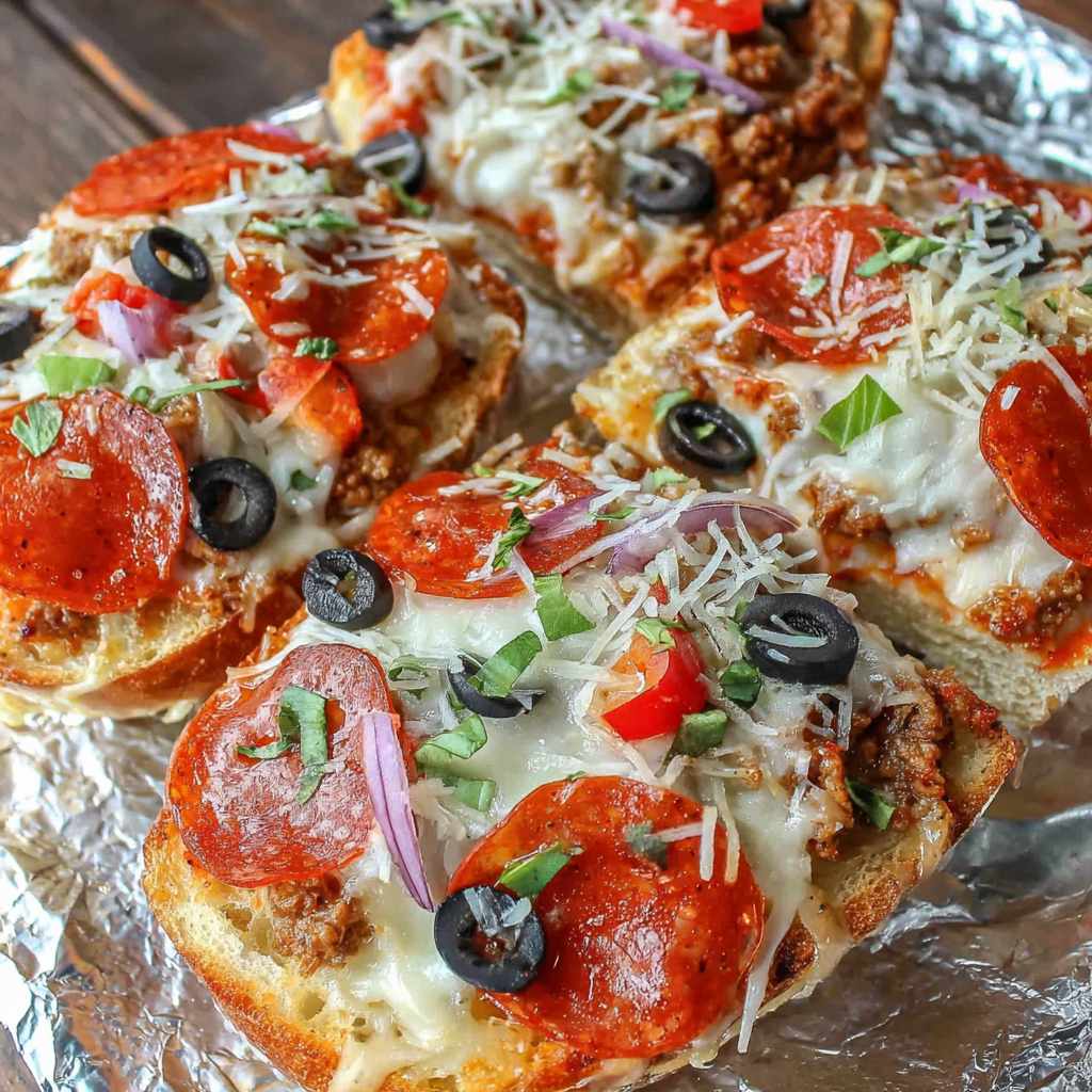Hands topping French bread with sauce and cheese for grilled pizza