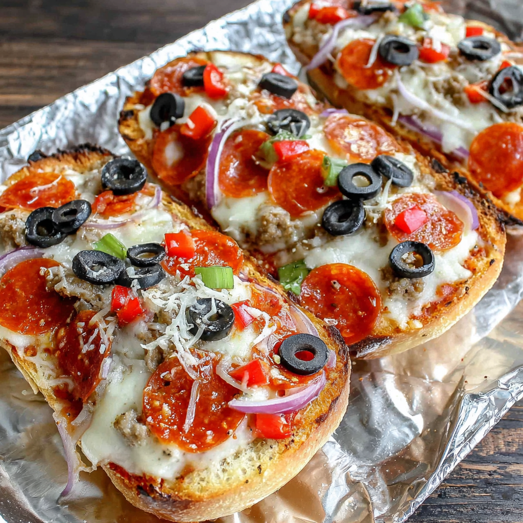 Close-up of melted mozzarella and pepperoni on grilled French bread pizza