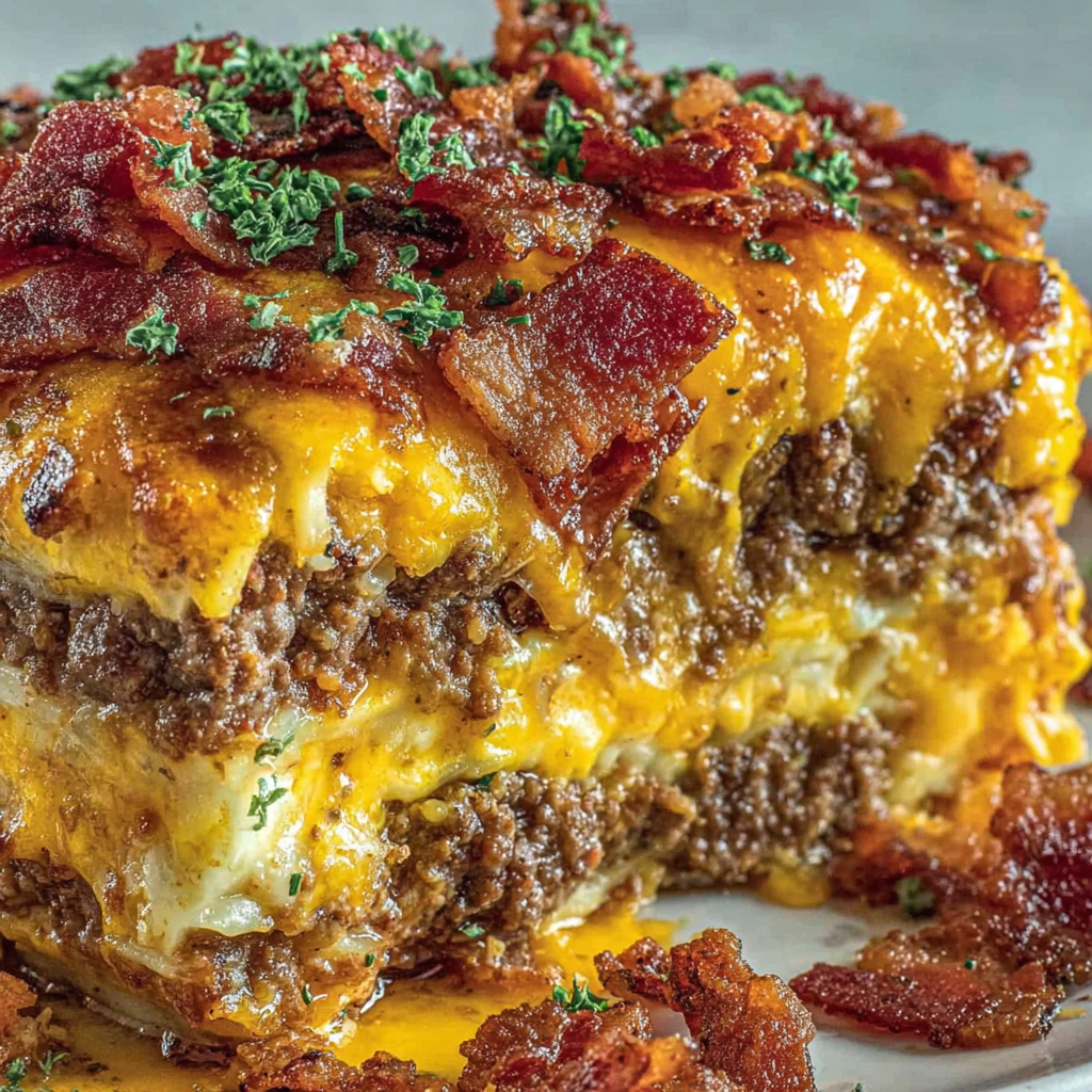 Close-up of layered lasagna with bacon and cheddar showing textures
