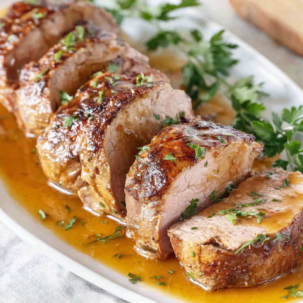 Sliced slow cooker pork tenderloin with onion gravy on a platter