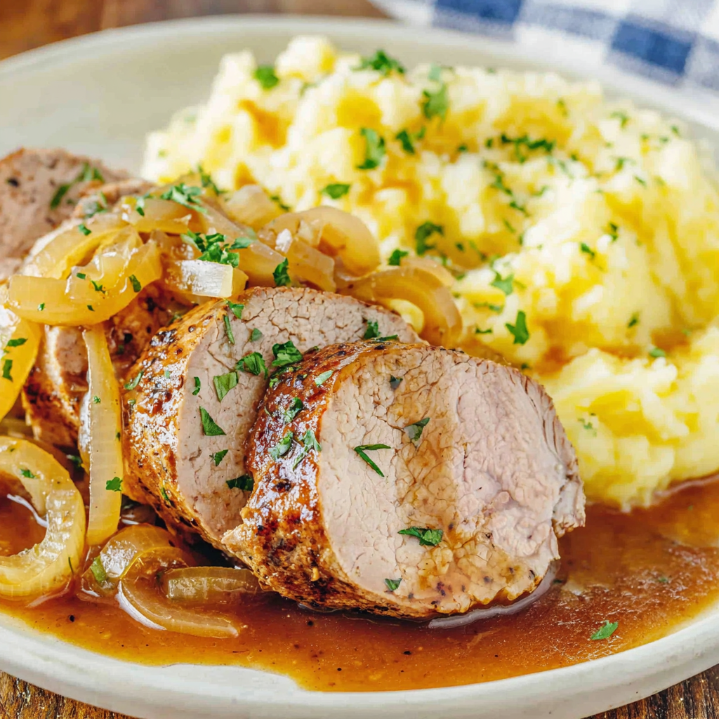 Close-up of pork tenderloin medallions topped with parsley and gravy