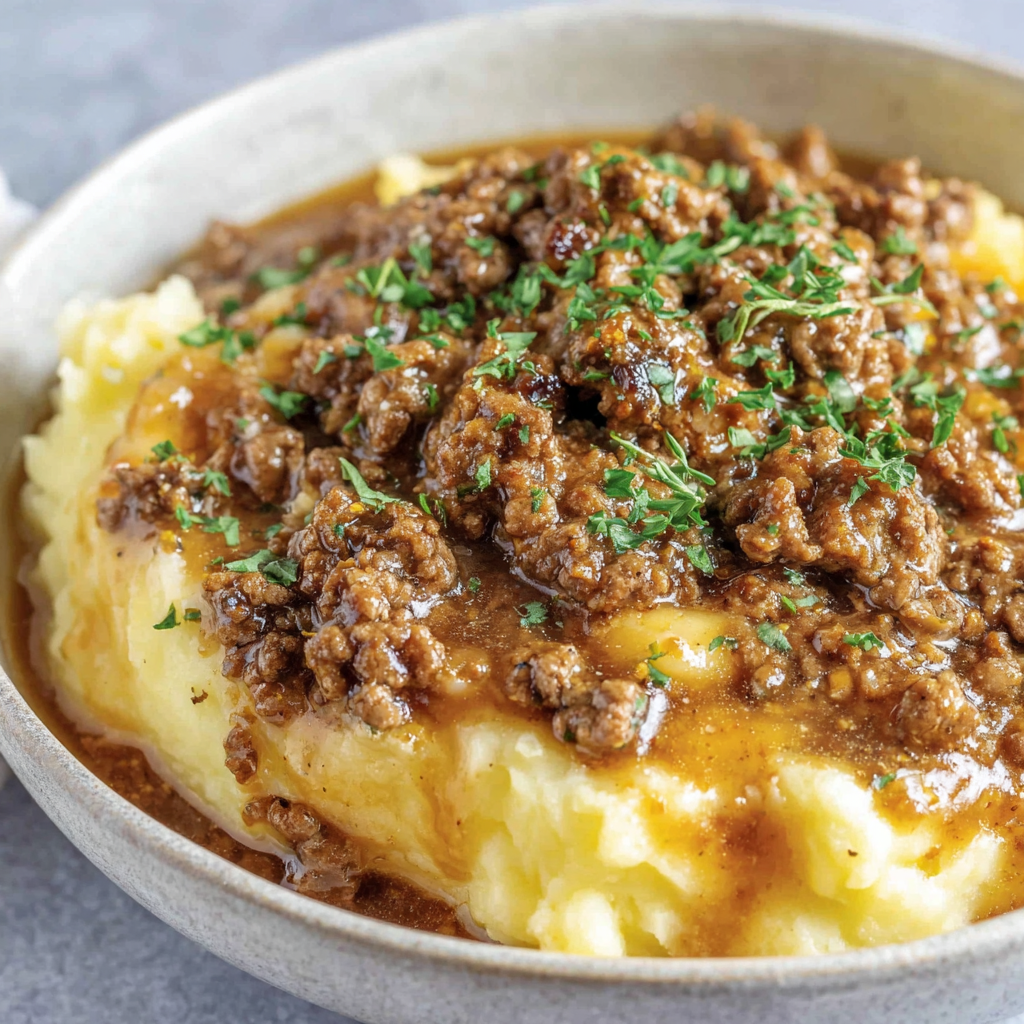 Skillet of ground beef simmering in rich brown gravy