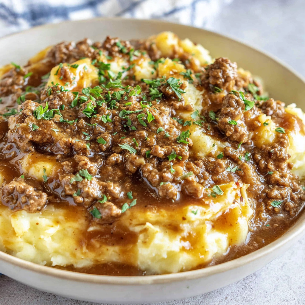 Ladle of beef gravy being poured over noodles