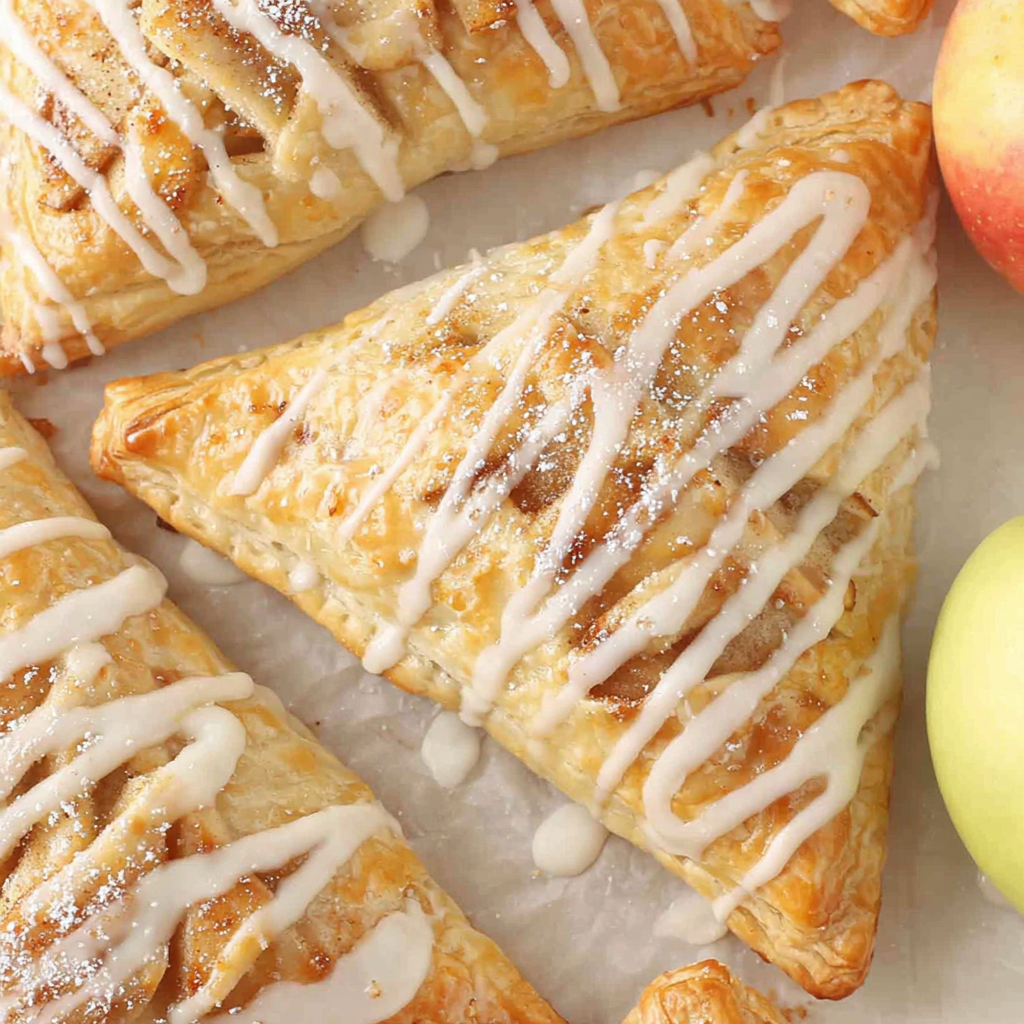 Close-up of flaky layered puff pastry with apple filling