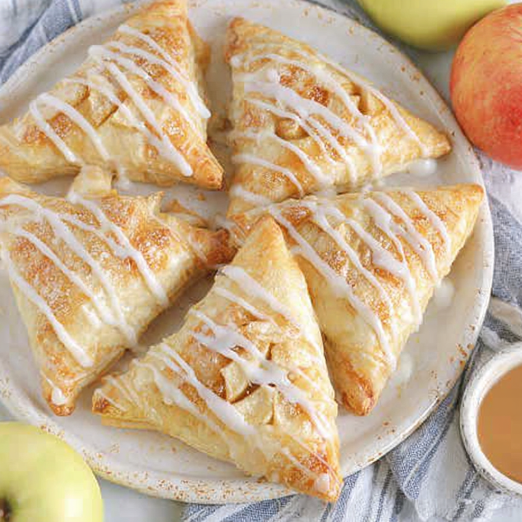 Stacked apple turnovers showing jammy apple filling and flaky layers