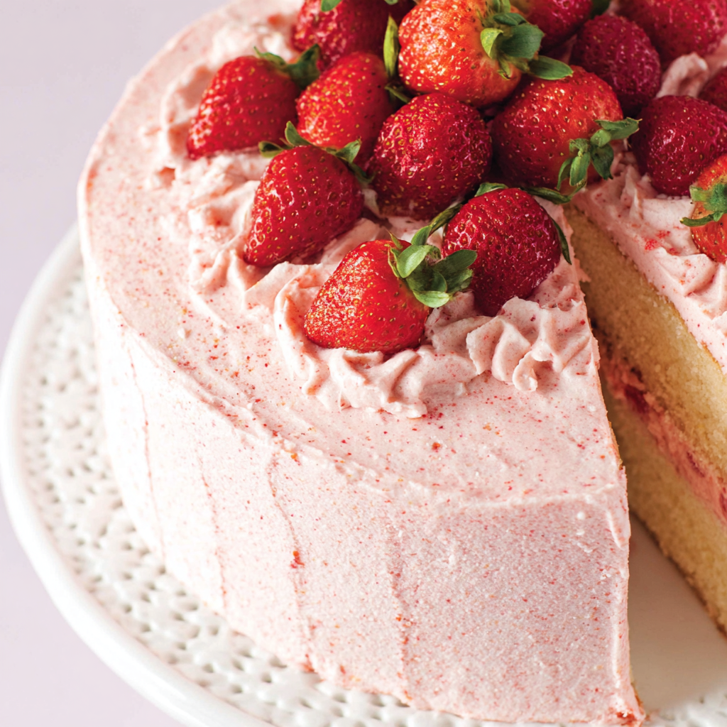 Strawberry buttercream being spread on layered vanilla cake