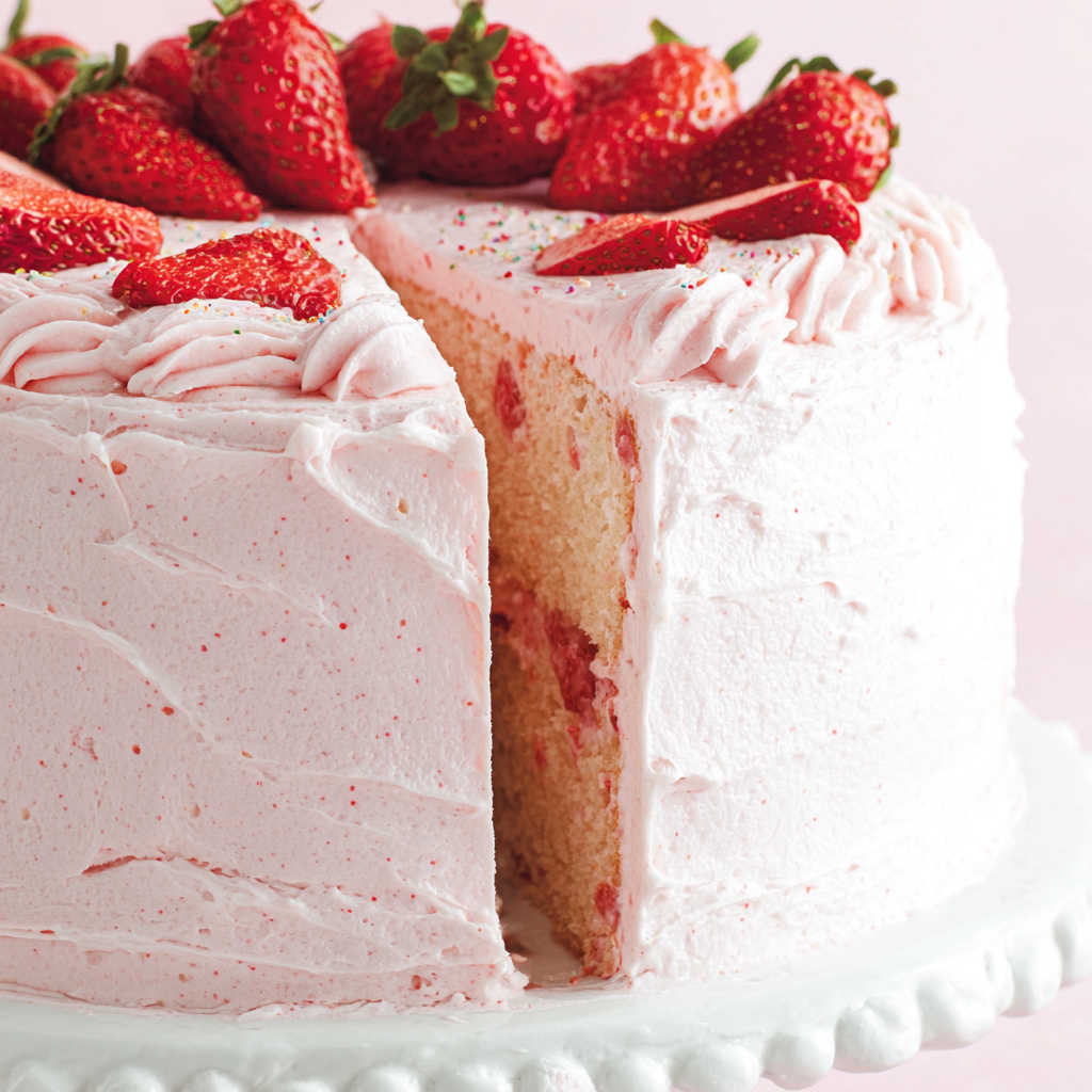 A slice of strawberry-filled vanilla cake being lifted from a cake stand