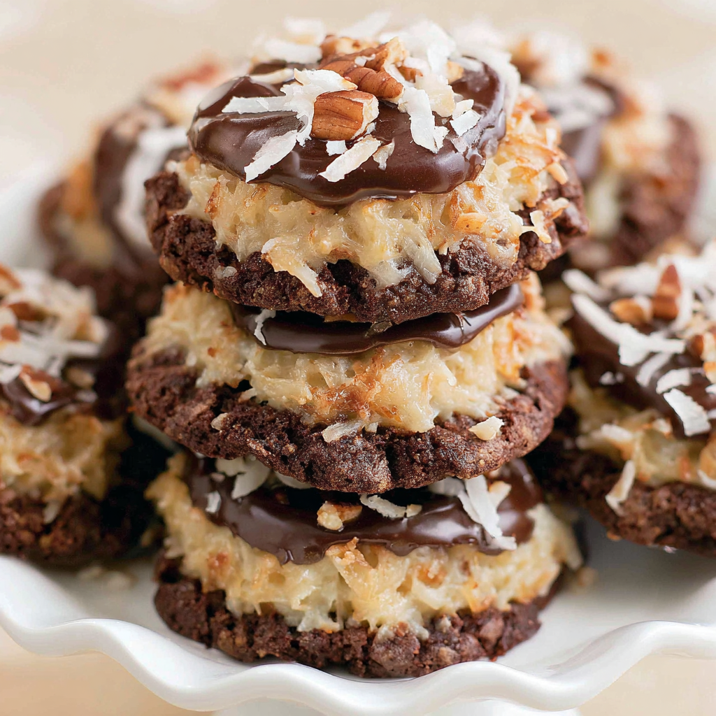 Close look at coconut pecan frosting on chocolate cookies