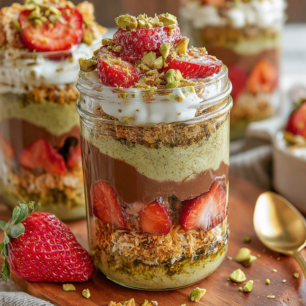 Close-up of crunchy kataifi with pistachio cream and strawberries in a cup