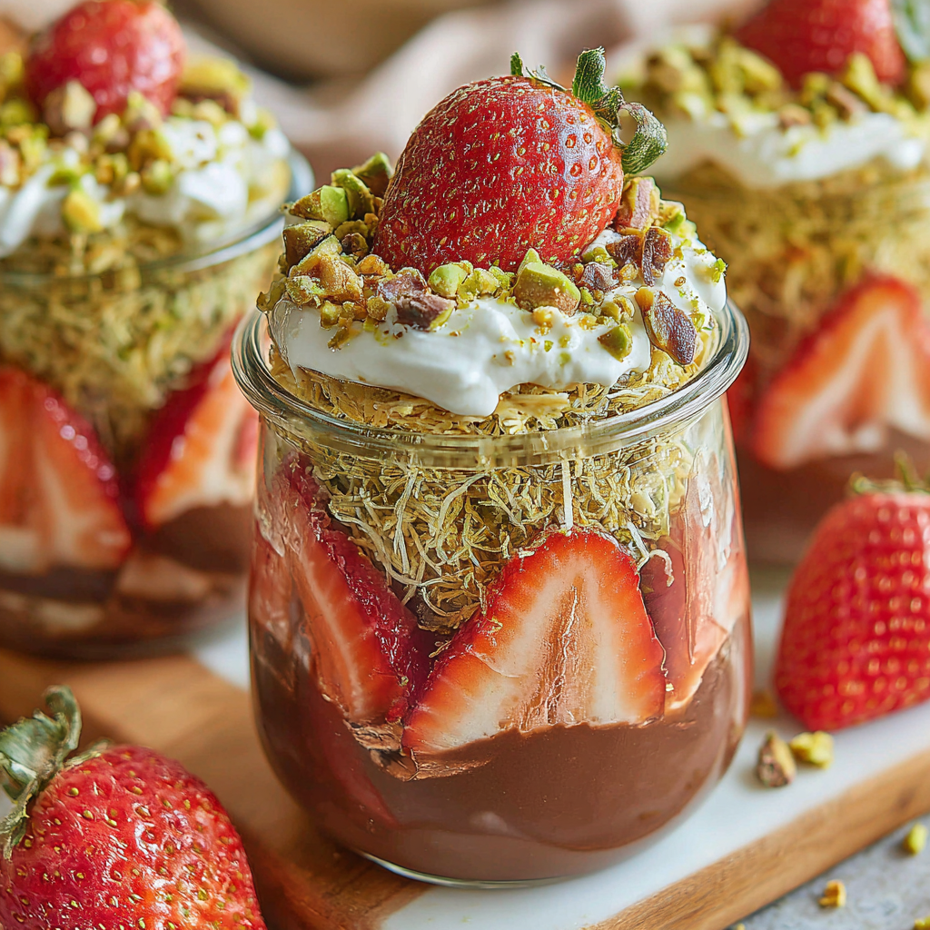 Two Dubai strawberry cups: one pistachio-tahini, one Nutella