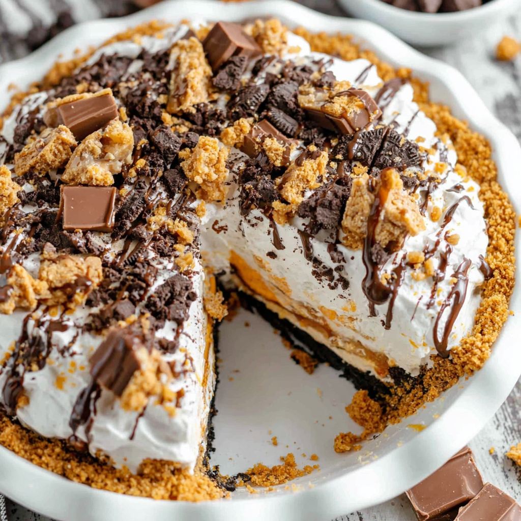 Slice of Butterfinger pie showing layered Oreo crust, peanut butter filling, and chocolate pudding