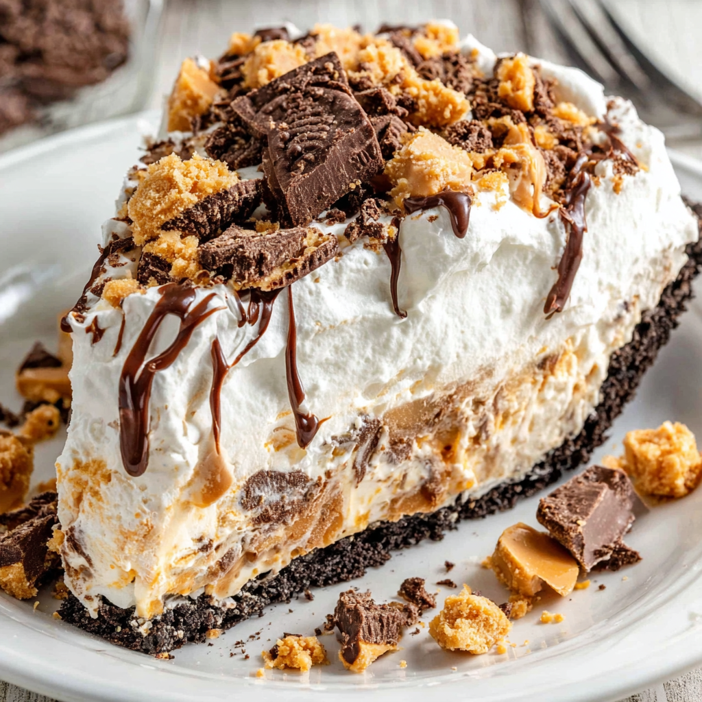 Close-up of Butterfinger candy pieces scattered over whipped topping