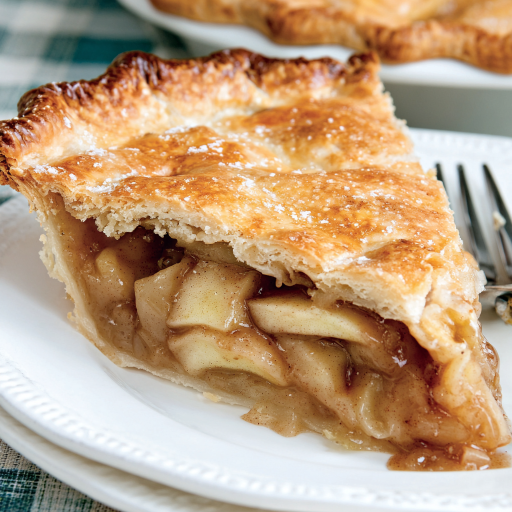 Close-up of a slice of apple pie on a blue and white napkin