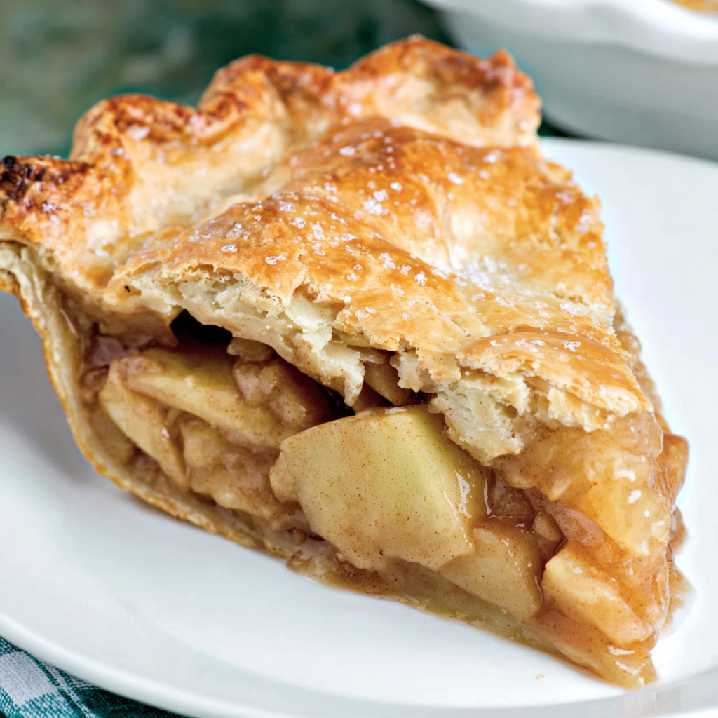 Apple pie slice with glossy brown sugar apple filling