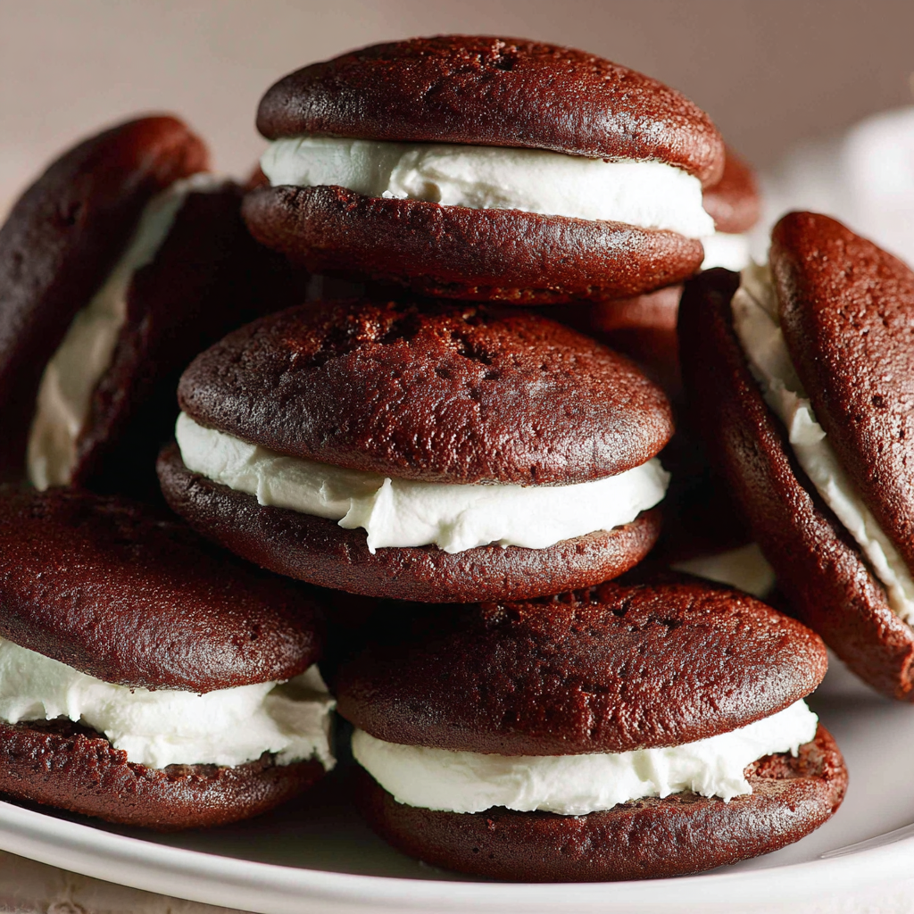 Stacked whoopie pies with a bite showing fluffy marshmallow filling