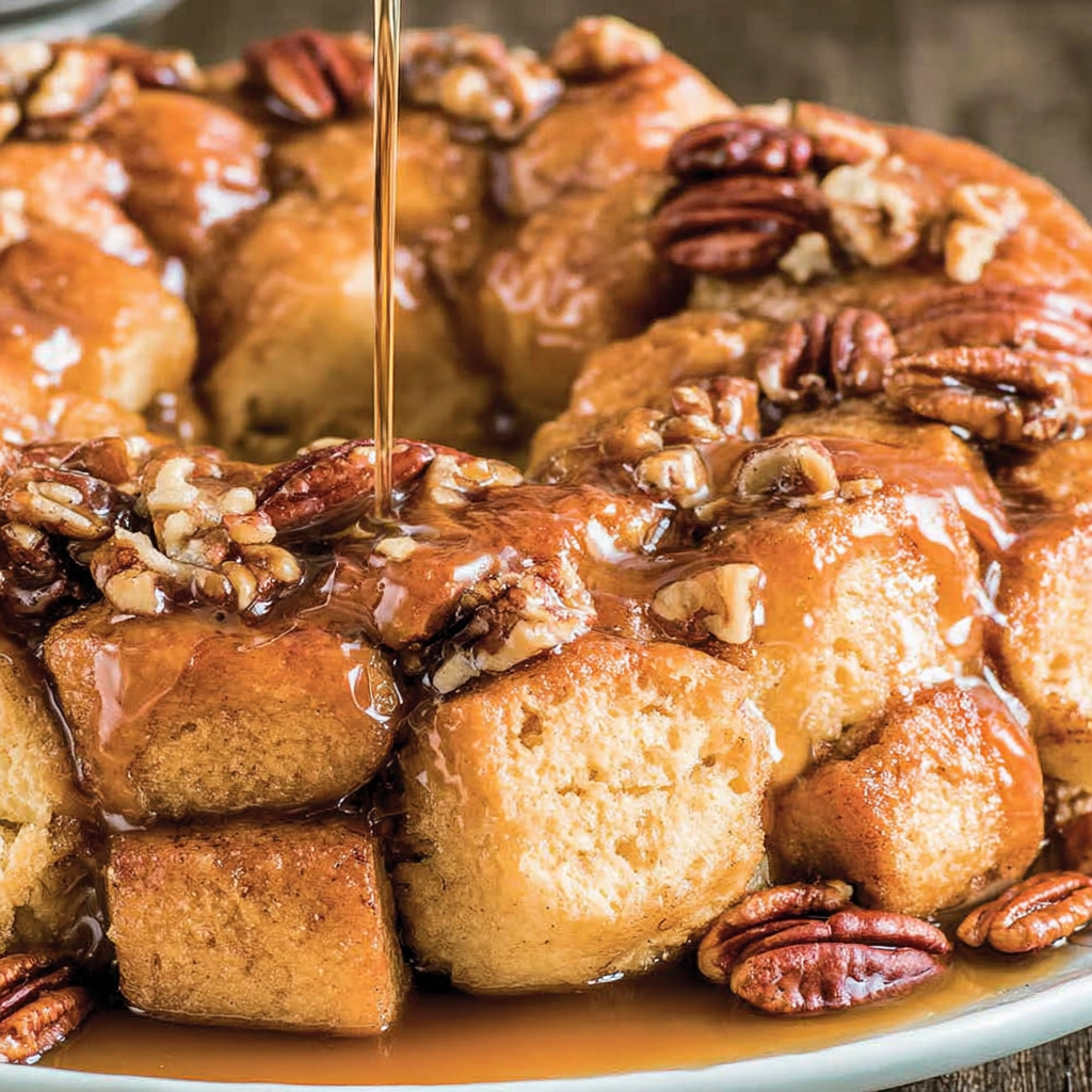 Hands pulling apart a glazed monkey bread, showing caramelized edges and soft interior