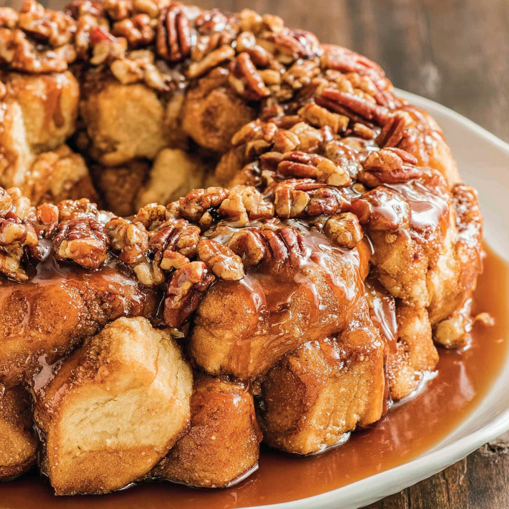 Bundt pan of freshly baked monkey bread cooling on a rack