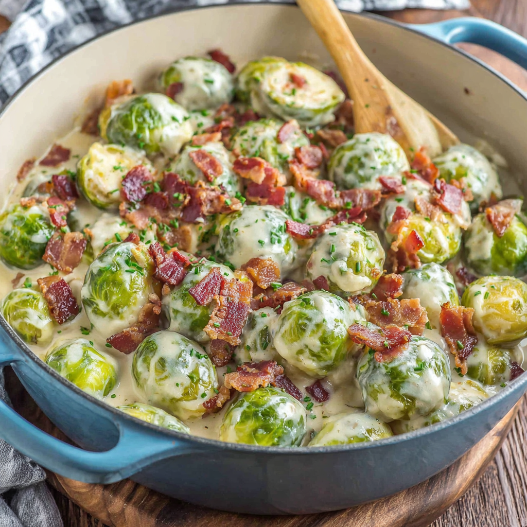 Skillet of Brussels sprouts Alfredo with bacon crumbles
