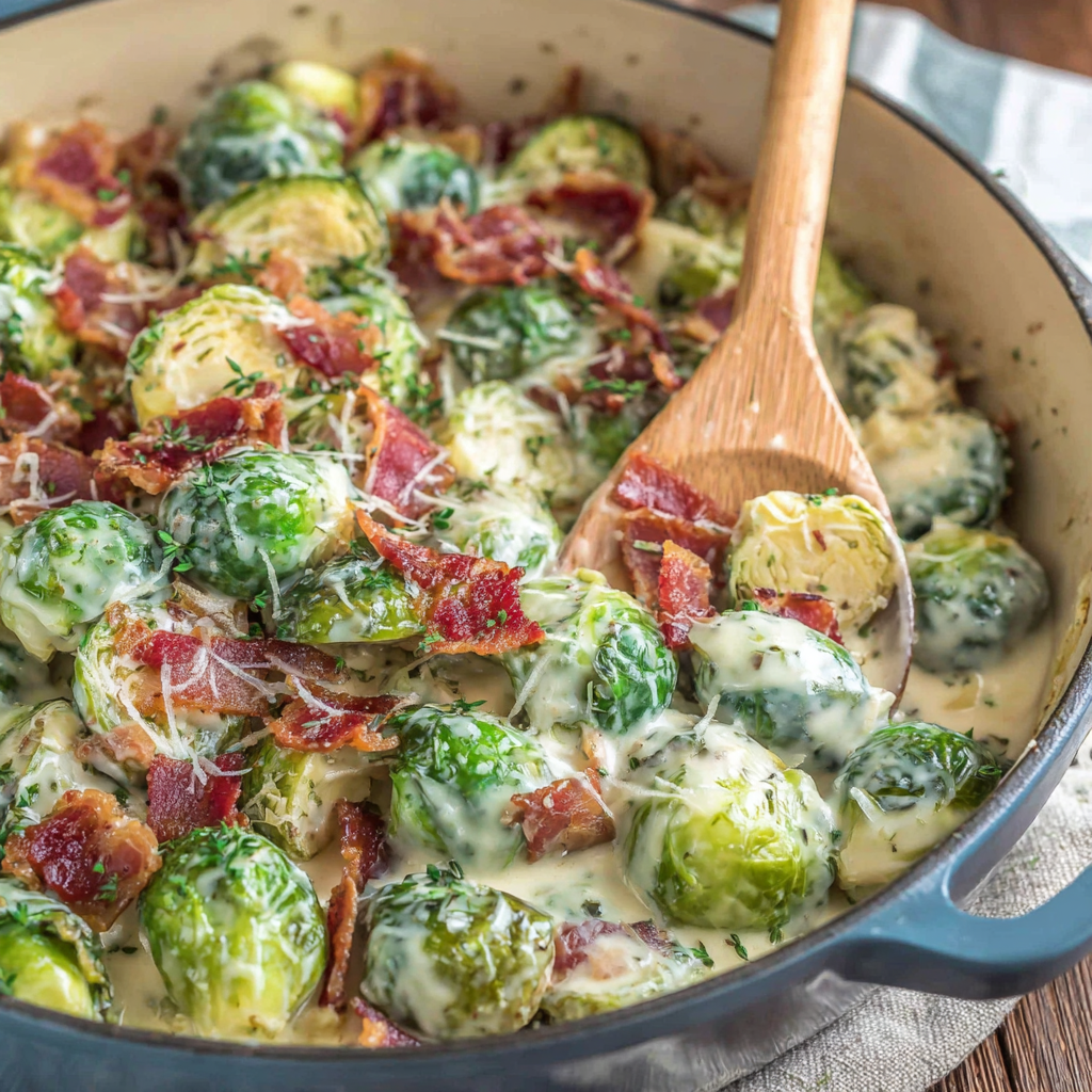 Close-up of creamy Brussels sprouts Alfredo on a serving spoon