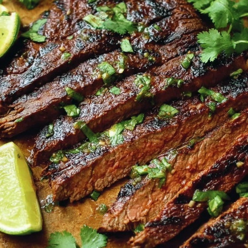 Grilling chipotle flank steak over open flame with crosshatch marks