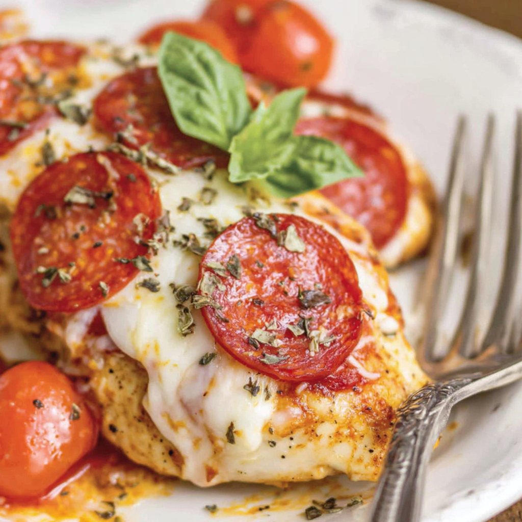 Close-up of pizza chicken showing cheese pull and pepperoni