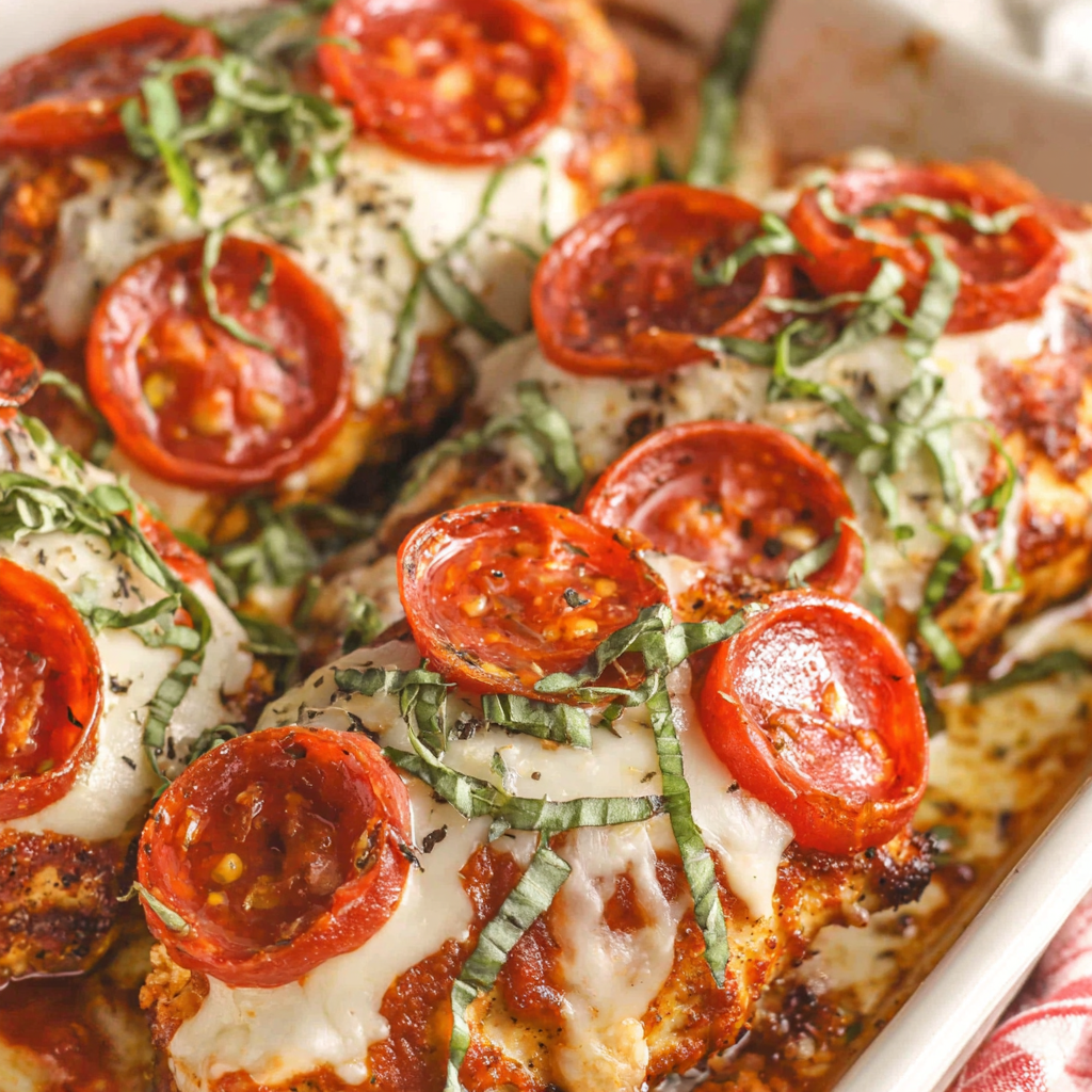Sliced pizza chicken plated with fresh basil and salad