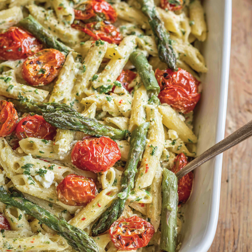 Close-up of penne coated in creamy feta-tomato sauce with asparagus