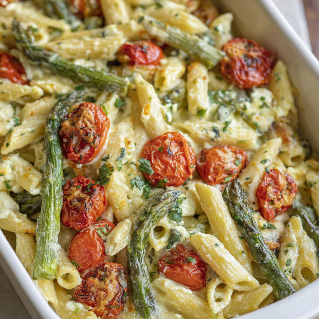Baked feta pasta served family-style on a table
