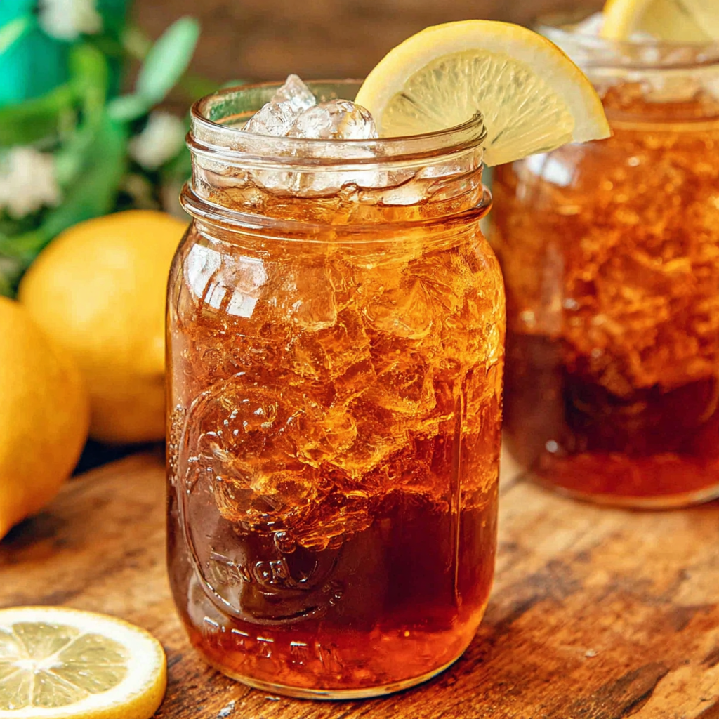 Glasses of iced sweet tea with lemon wedges on a wooden table