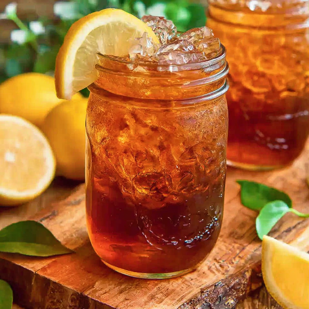 Close-up of iced sweet tea pouring into a glass with lemon