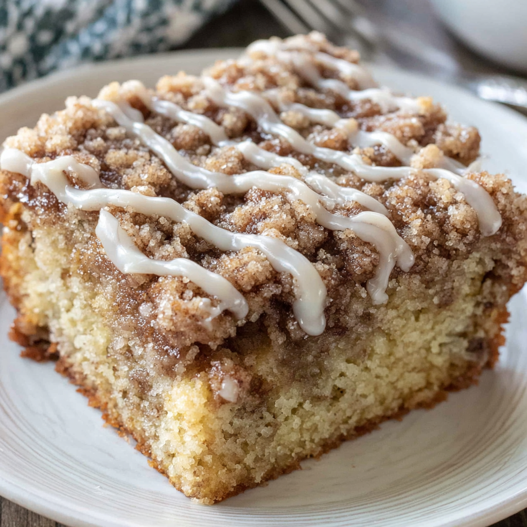 Banana crumb coffee cake sliced with visible cinnamon ribbon and streusel topping