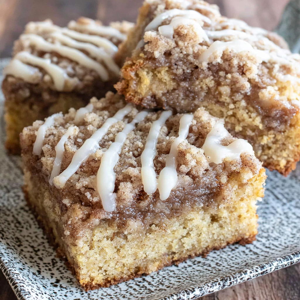 Close-up of cinnamon streusel crumbs on banana coffee cake