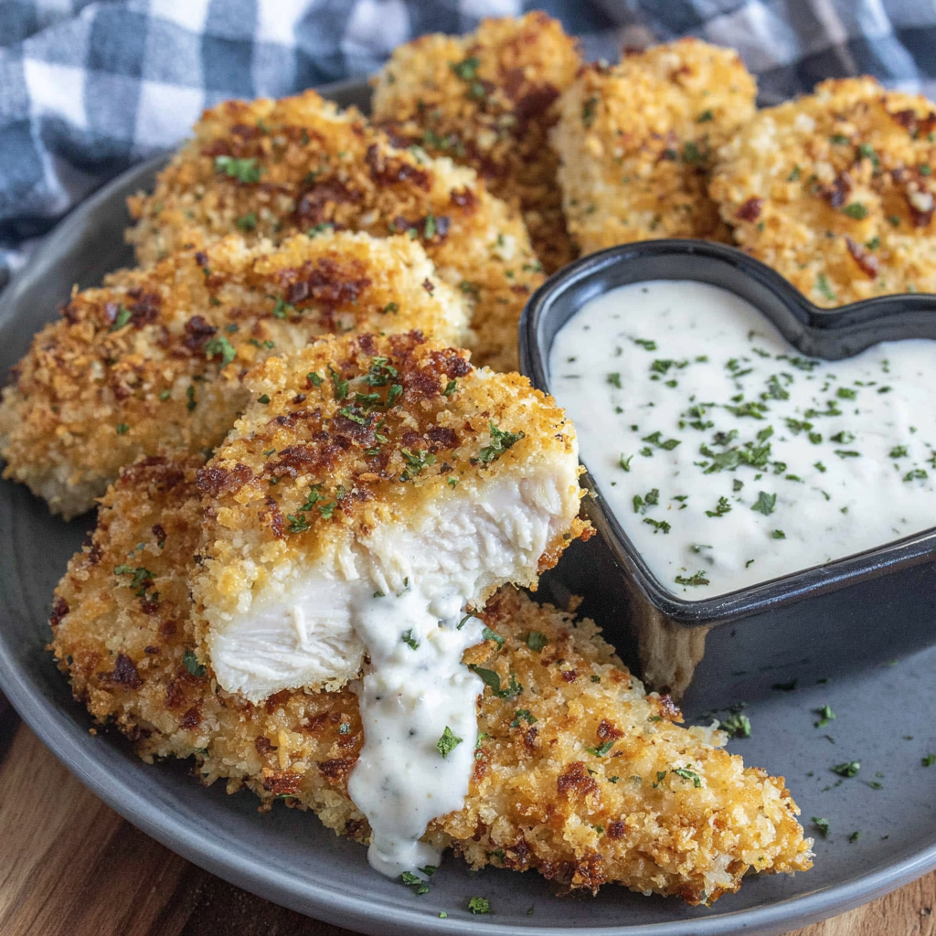 Crispy Cheez-It chicken tenders resting on a wire rack after baking