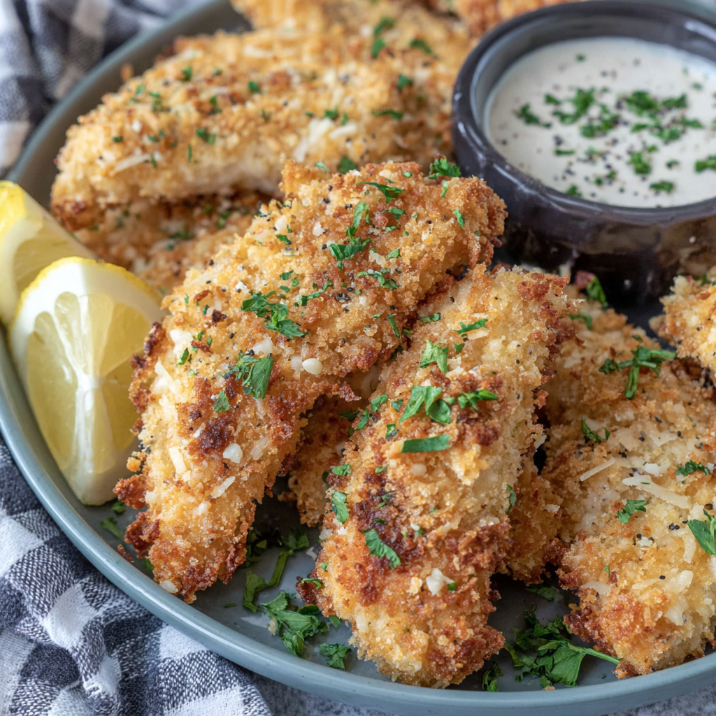 Close-up of crunchy Cheez-It breaded chicken tender showing golden crust