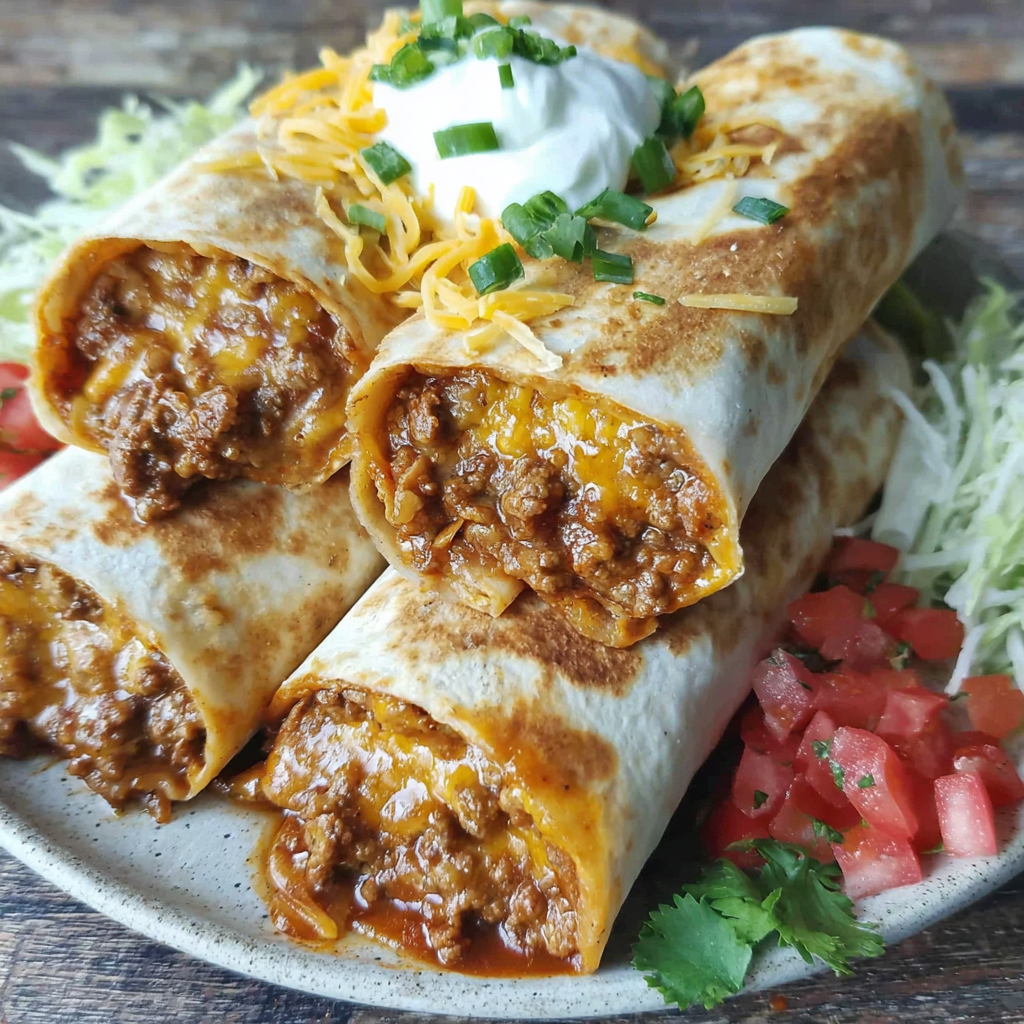 Close-up of cheesy chili beef filling in a tortilla