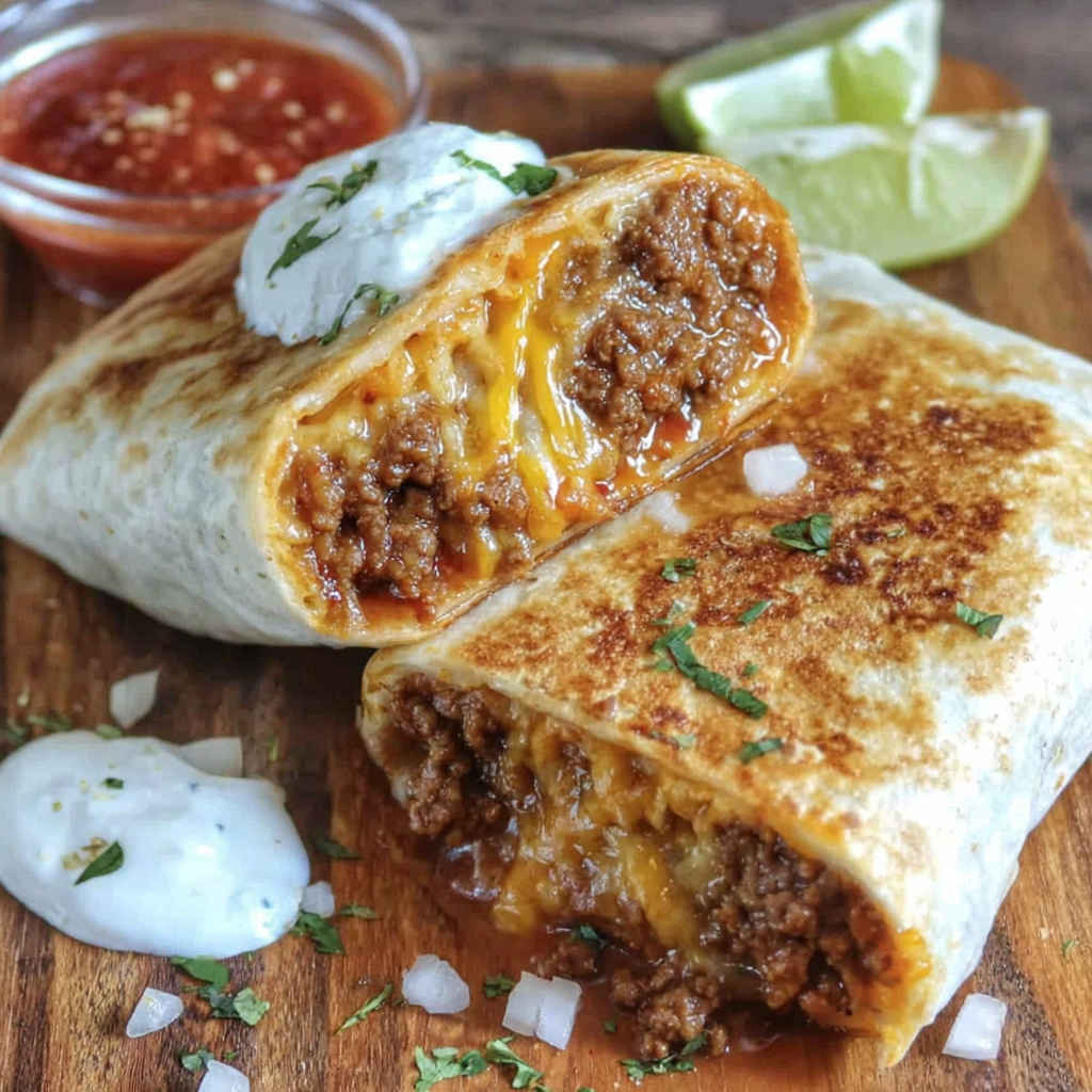 Sliced chili cheese burrito showing melty interior