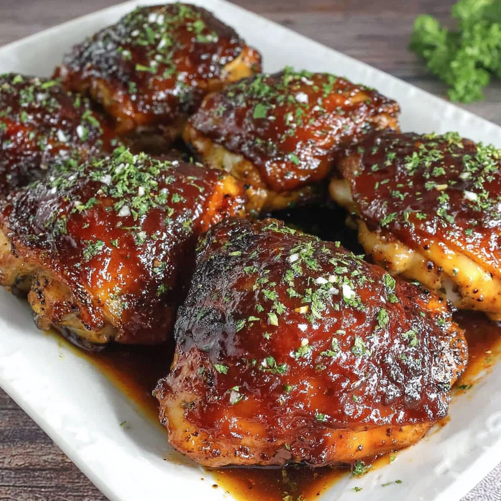 Close-up of glossy oven baked BBQ chicken thigh with sticky glaze