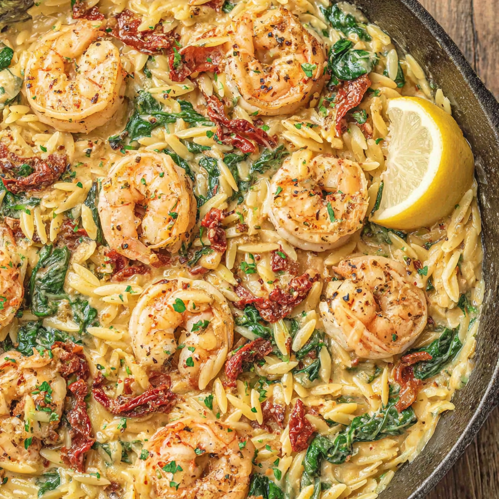Creamy orzo with shrimp served in bowls with lemon wedges