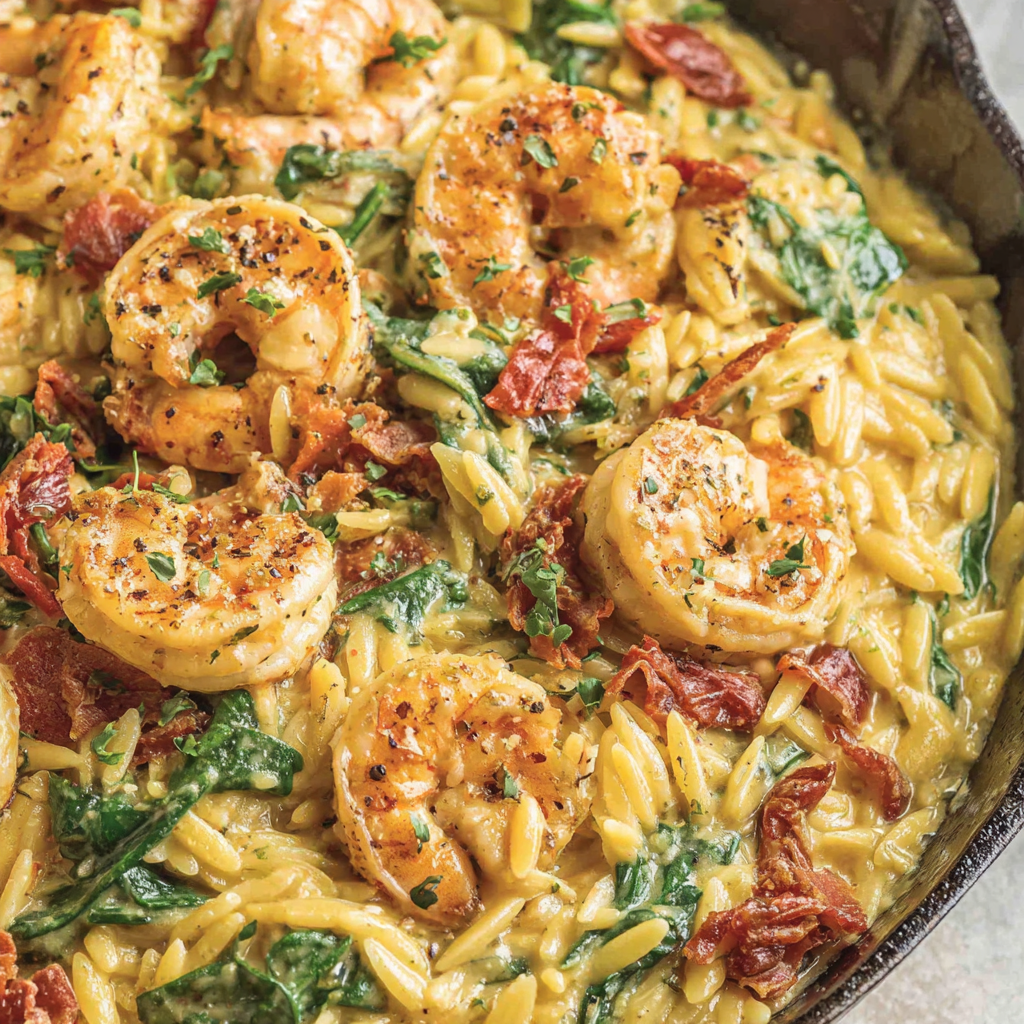 Close-up of orzo, shrimp, and spinach in a skillet