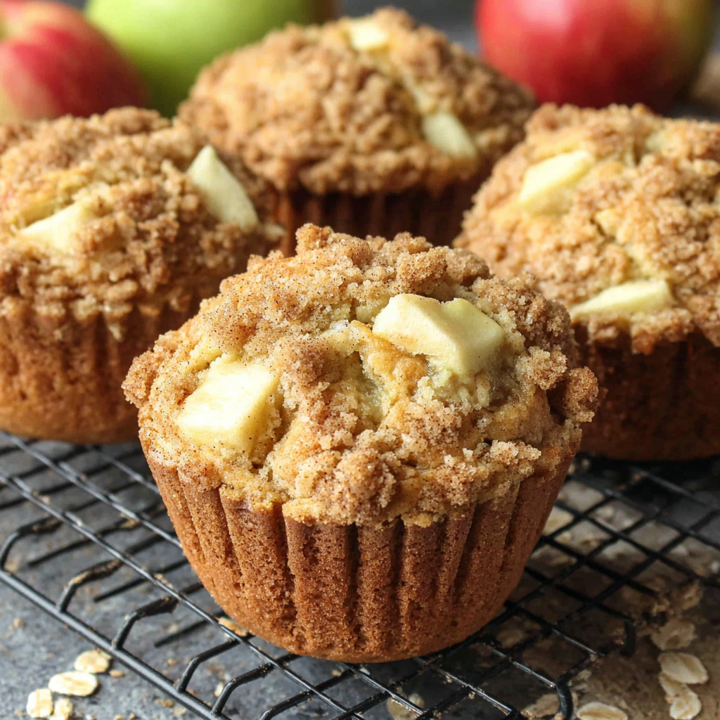 Apple spice muffins with cinnamon streusel cooling on a rack